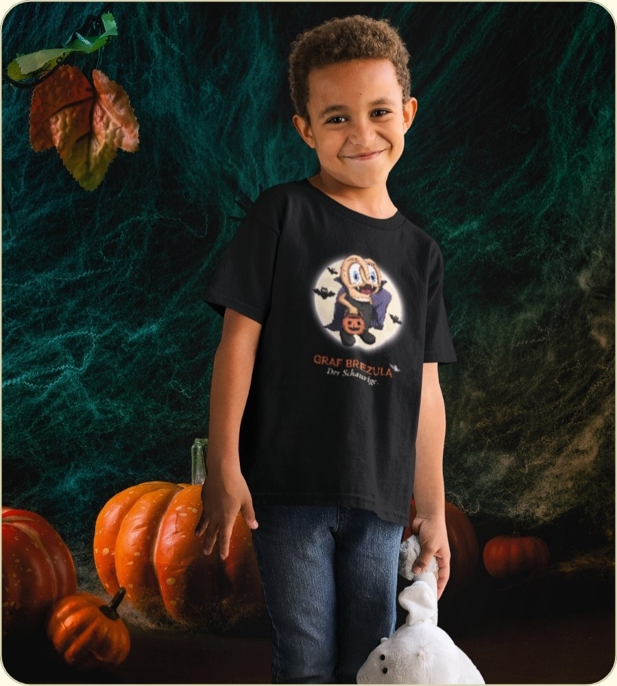 Kindershirt BREZLING® ‘Graf Brezula’ – Brezen-Vampir vor Vollmond; schaurig-lieb, schwarz.