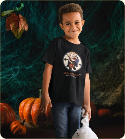 Kindershirt BREZLING® ‘Graf Brezula’ – Brezen-Vampir vor Vollmond; schaurig-lieb, schwarz.